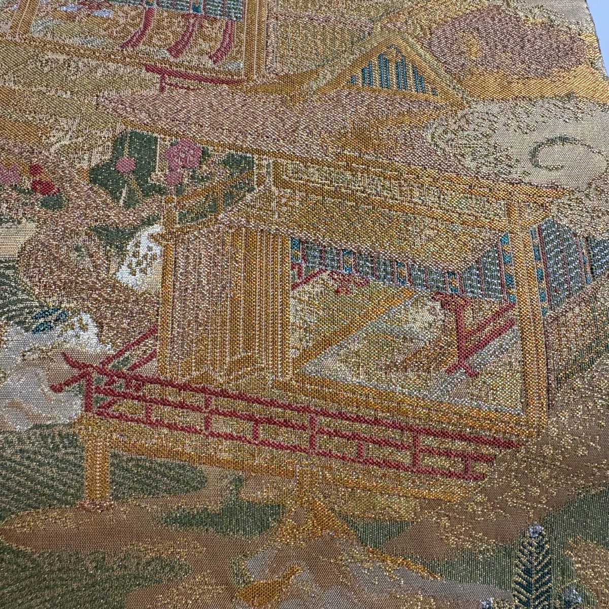【美品】 袋帶 秀品級 風景 建築 金絲 金金箔 艾草色 大鼓圖案 純蠶絲