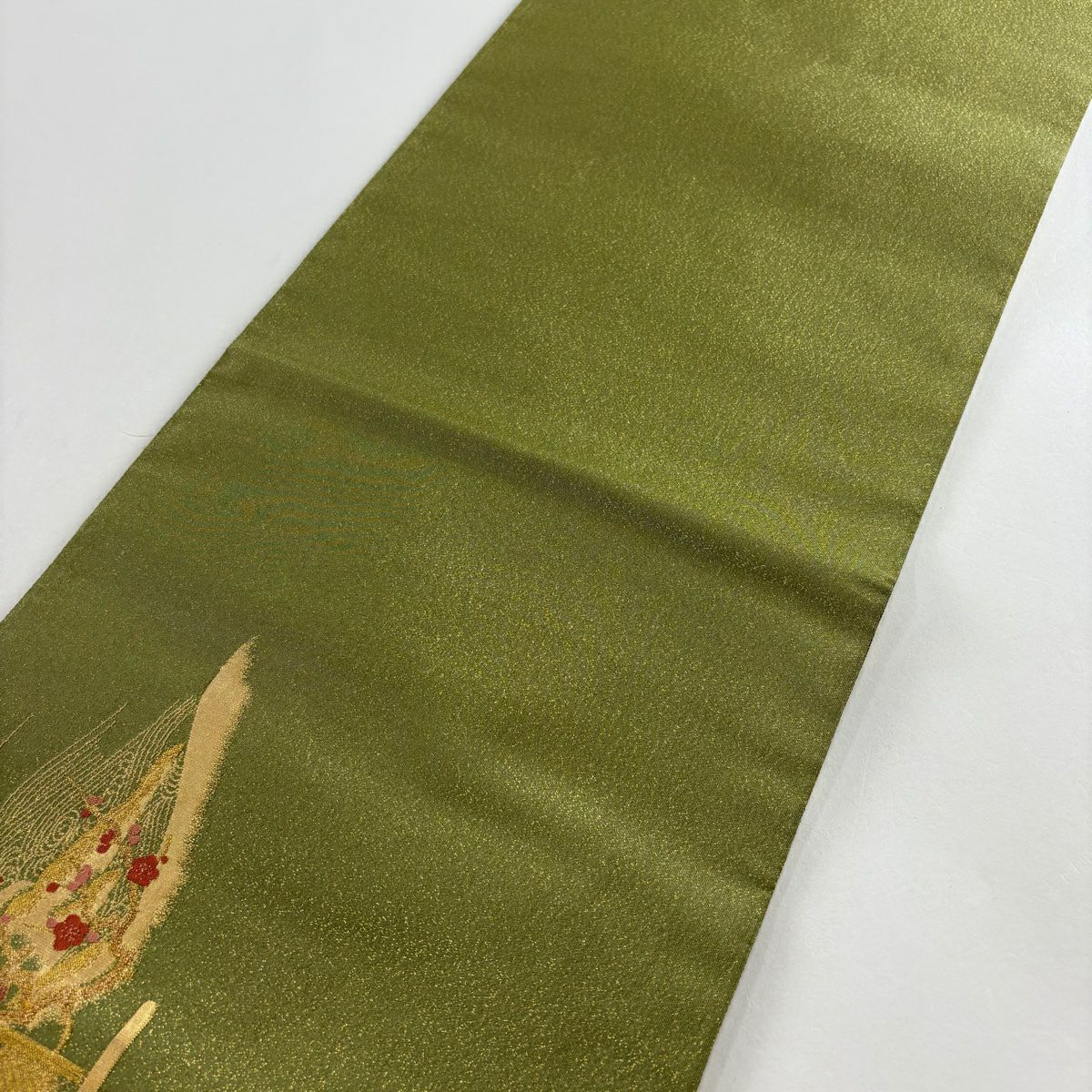 【美品】 袋帶 秀品級 風景 建築 金絲 金金箔 艾草色 大鼓圖案 純蠶絲