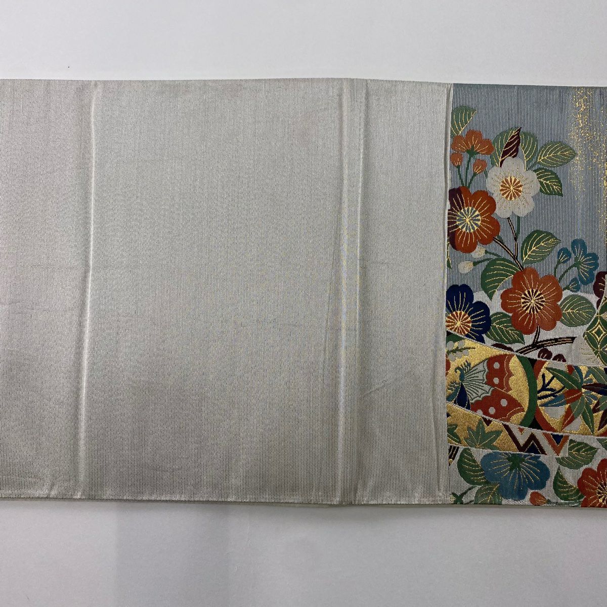 袋帶 秀品級 短冊 櫻花 金銀彩 灰白 六通 純蠶絲