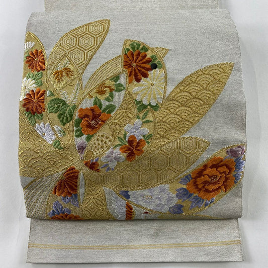 名古屋帶 秀品級 八寸名古屋帶 松樹葉仕立 雙層 草花紋紋 仙鶴 金糸刺繡 灰白 純蠶絲
