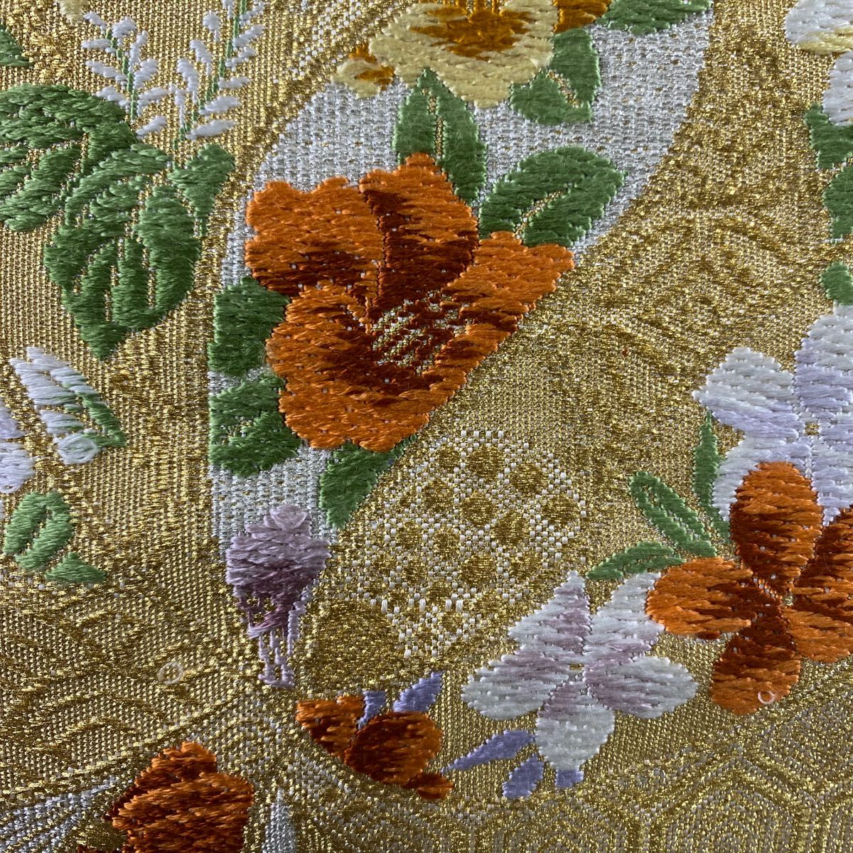 名古屋帶 秀品級 八寸名古屋帶 松樹葉仕立 雙層 草花紋紋 仙鶴 金糸刺繡 灰白 純蠶絲