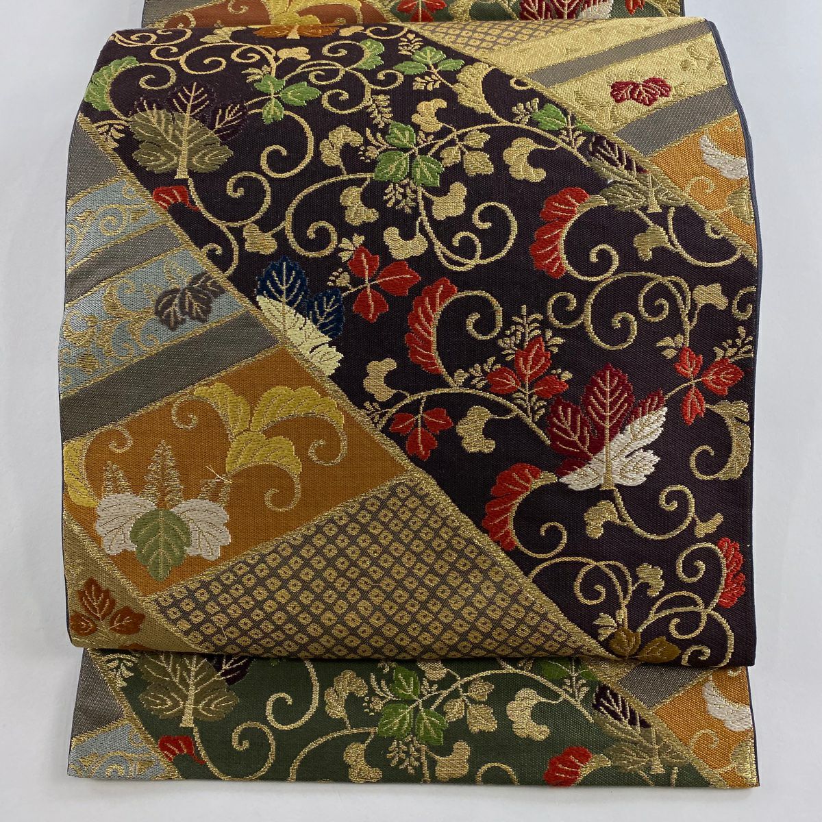 【美品】 袋帶 秀品級 落款 花唐草紋 疋田 金絲 金金箔 茶綠 六通 純蠶絲