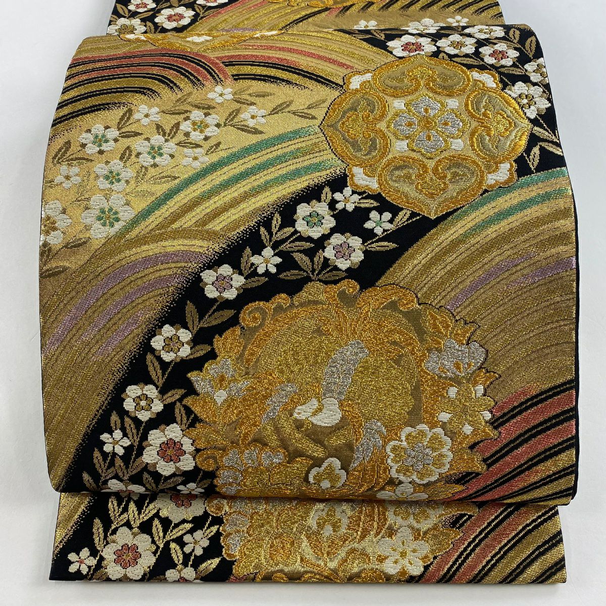 【美品】 袋帶 秀品級 鈴乃屋 華紋 波 金絲 金金箔 金色 六通 純蠶絲