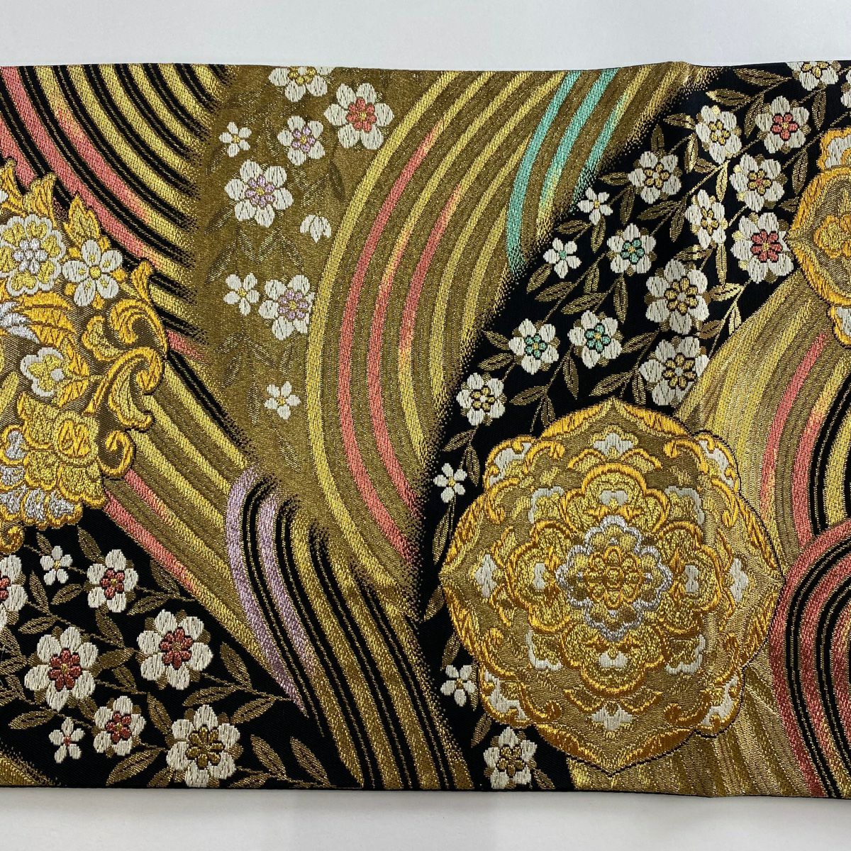 【美品】 袋帶 秀品級 鈴乃屋 華紋 波 金絲 金金箔 金色 六通 純蠶絲