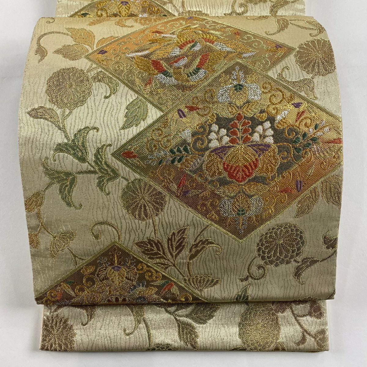 【美品】 袋帶 秀品級 鳥 桐 刺繡 金絲 金色 六通 純蠶絲