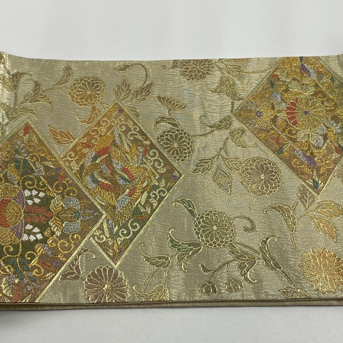 【美品】 袋帶 秀品級 鳥 桐 刺繡 金絲 金色 六通 純蠶絲