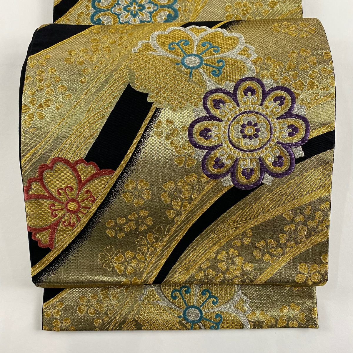 【美品】 袋帶 秀品級 華紋 櫻花 金銀線 金金箔 黑 六通 純蠶絲