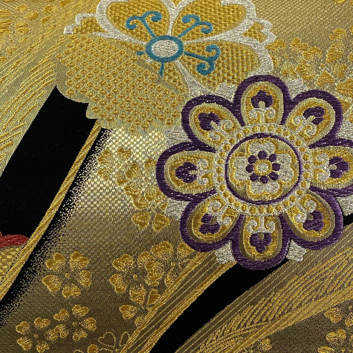 【美品】 袋帶 秀品級 華紋 櫻花 金銀線 金金箔 黑 六通 純蠶絲
