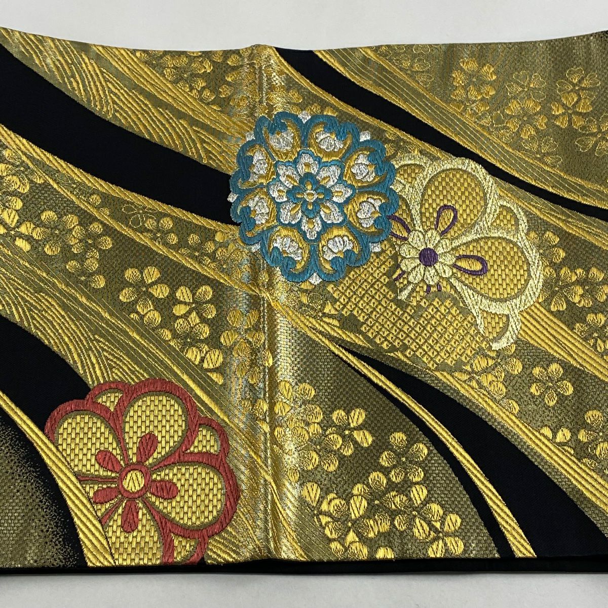【美品】 袋帶 秀品級 華紋 櫻花 金銀線 金金箔 黑 六通 純蠶絲
