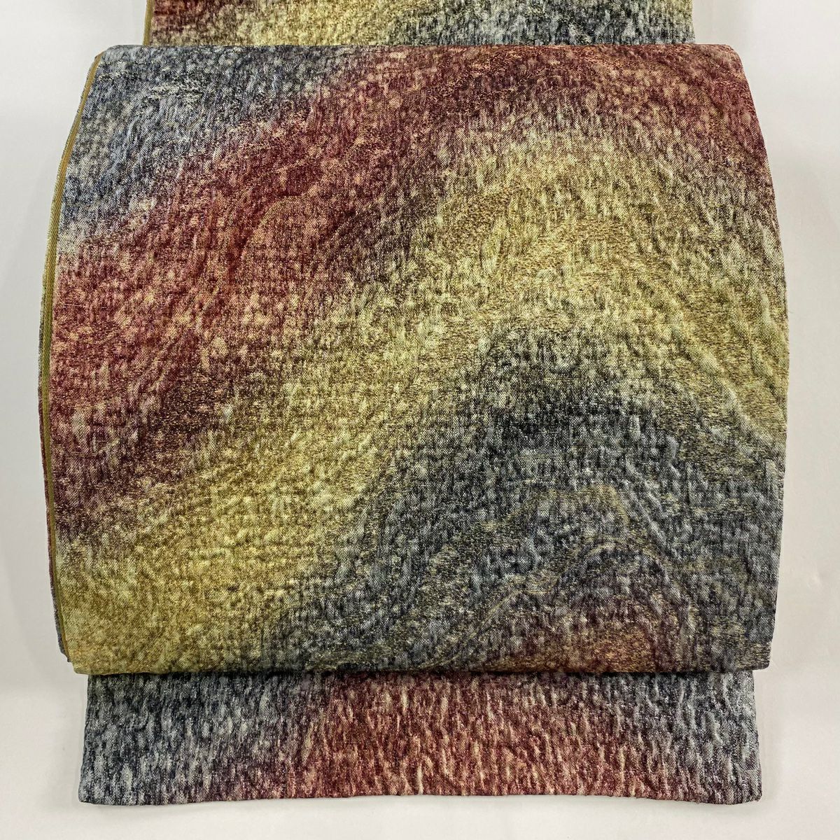 【美品】 袋帶 秀品級 幾何學圖案 金金箔 灰綠 全通 純蠶絲
