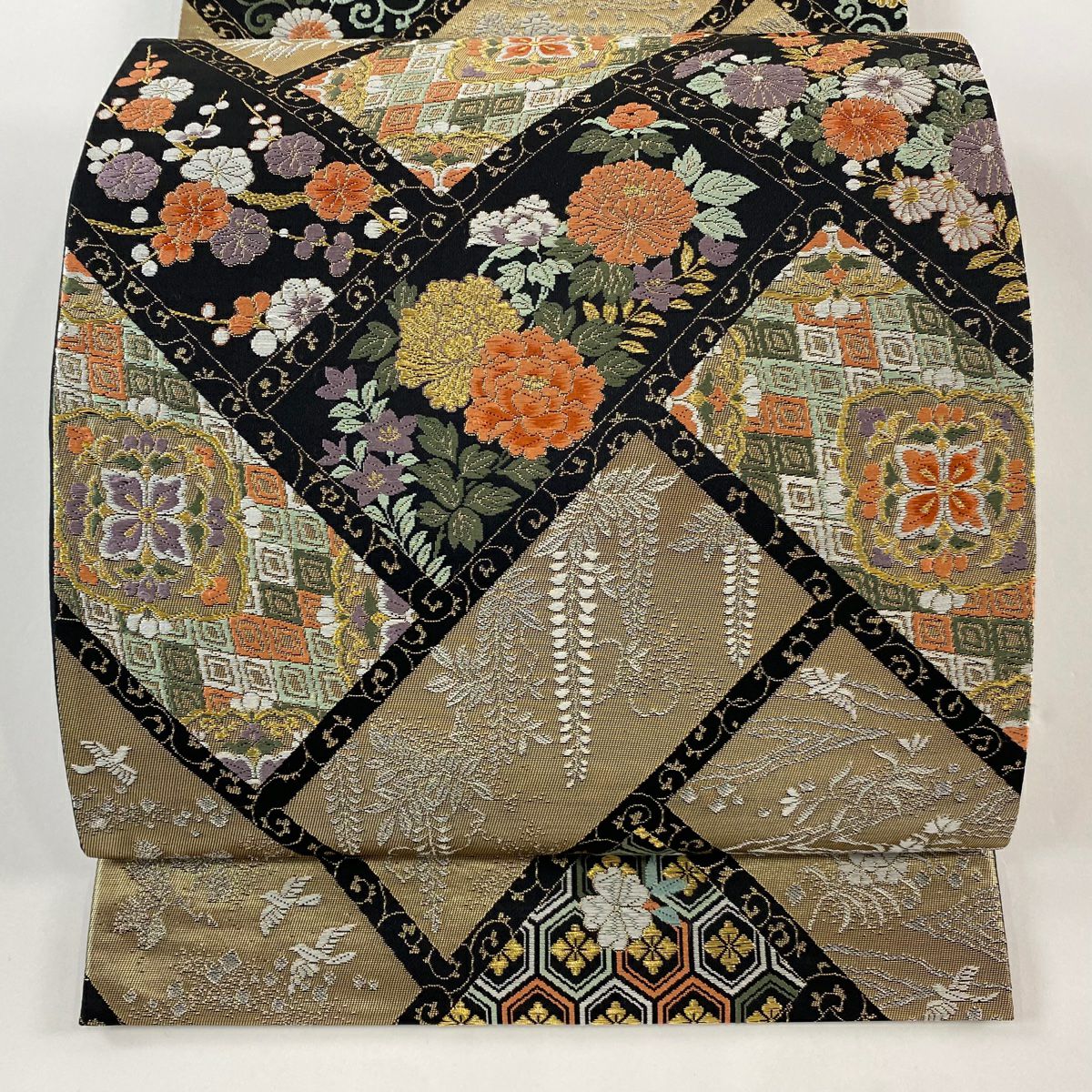 【美品】 袋帶 秀品級 華紋 草花紋 金銀絲 金金箔 黑 六通 純蠶絲