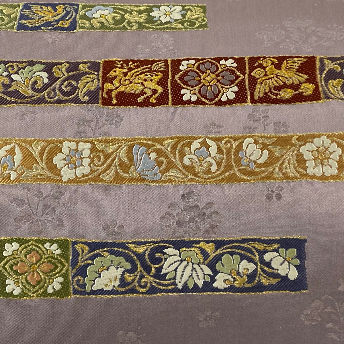 袋帶 秀品級 段紋 花唐草紋 金絲 淺紫 六通 純蠶絲