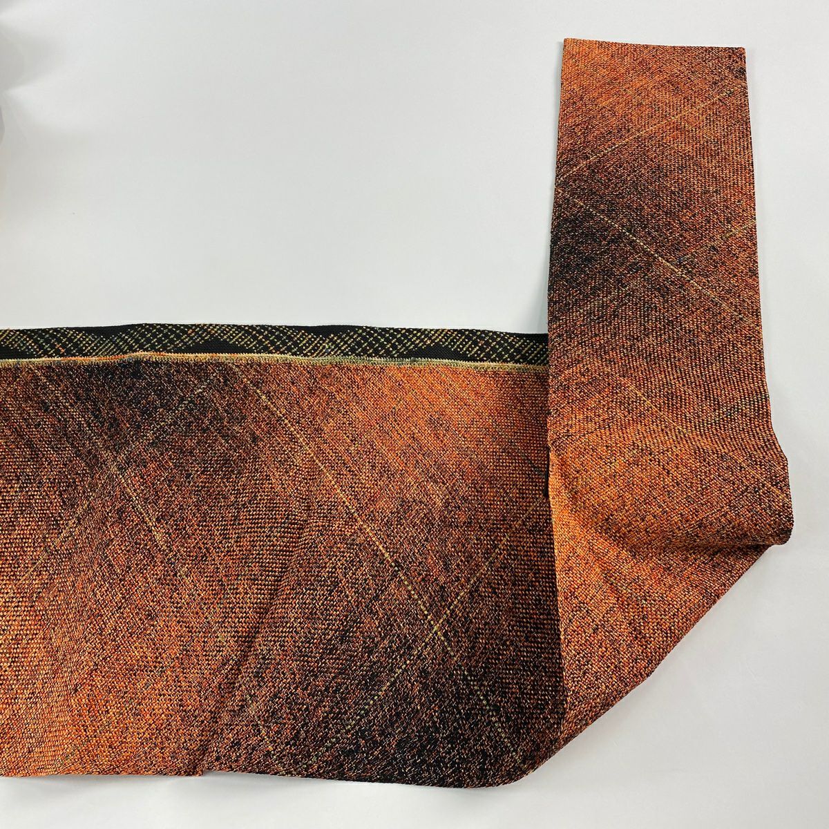 【美品】名古屋帶 秀品級 松樹葉仕立 八寸名古屋帶 幾何學圖案 橙色 純蠶絲