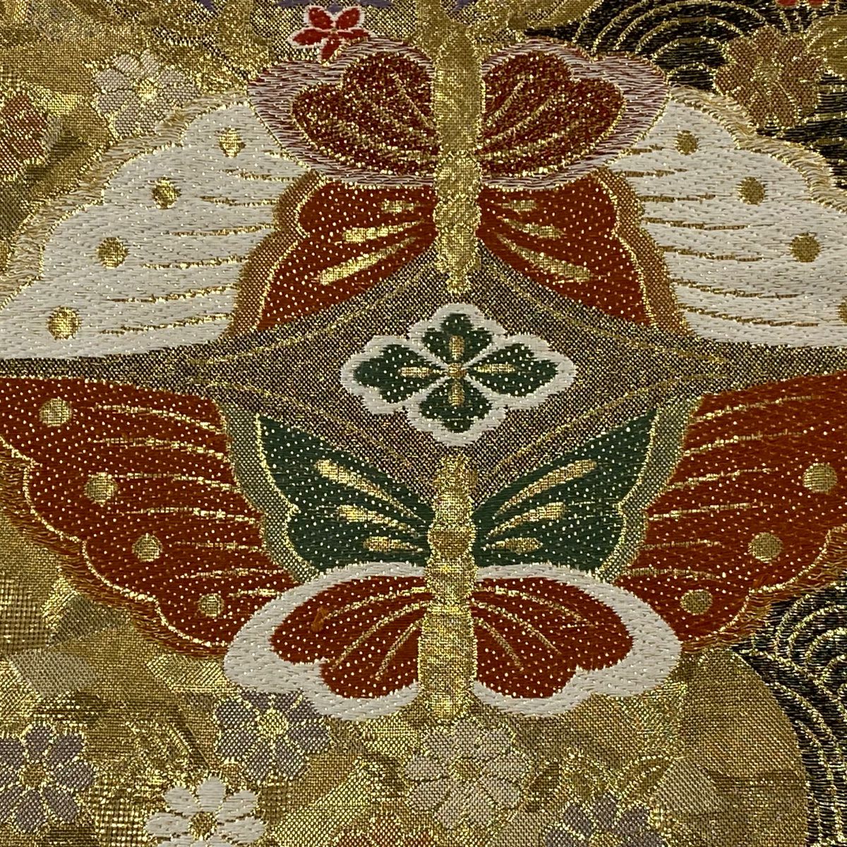 袋帶 秀品級 華紋 蝶 金絲 金金箔 金色 六通 純蠶絲