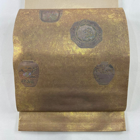 袋帶 秀品級 圖案 盤子 器物 金金箔 金色 大鼓紋 純蠶絲