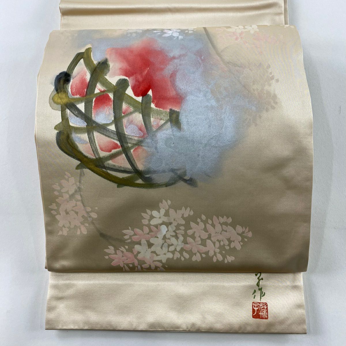 袋帶 秀品級 附落款 花籠 枝花 金銀彩 漸層 米色 大鼓圖案 純蠶絲
