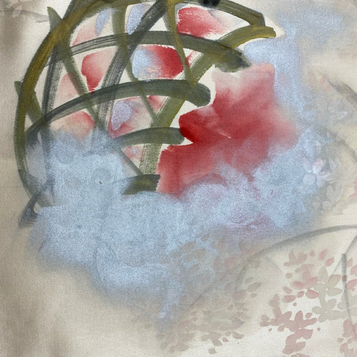 袋帶 秀品級 附落款 花籠 枝花 金銀彩 漸層 米色 大鼓圖案 純蠶絲