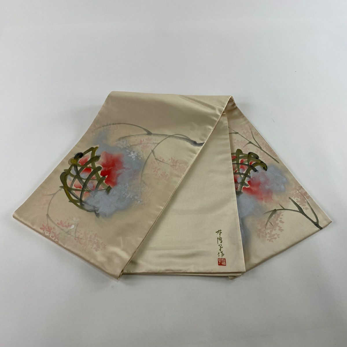 袋帶 秀品級 附落款 花籠 枝花 金銀彩 漸層 米色 大鼓圖案 純蠶絲