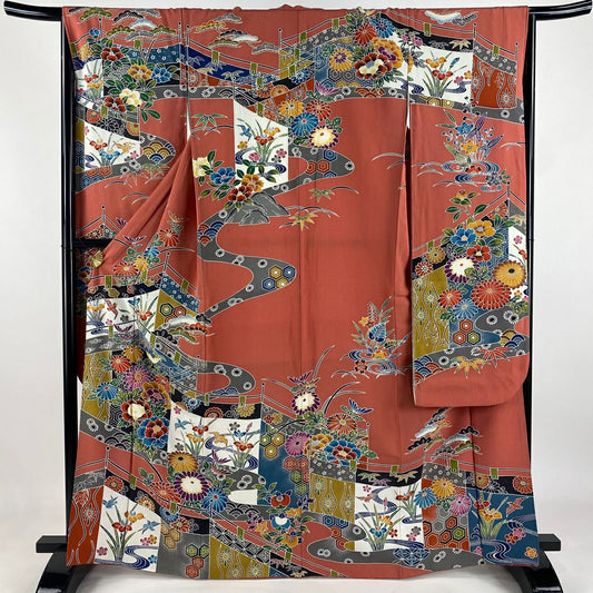 振袖禮服 身長166cm 袖長66.5cm M 雙層 幔幕 花鳥 絞染 鮭粉色 純蠶絲 名品級