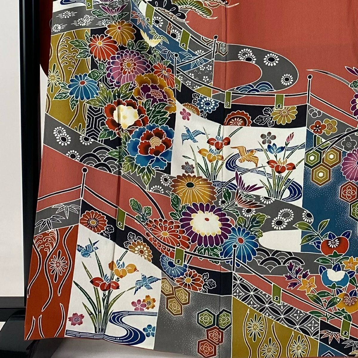 振袖禮服 身長166cm 袖長66.5cm M 雙層 幔幕 花鳥 絞染 鮭粉色 純蠶絲 名品級