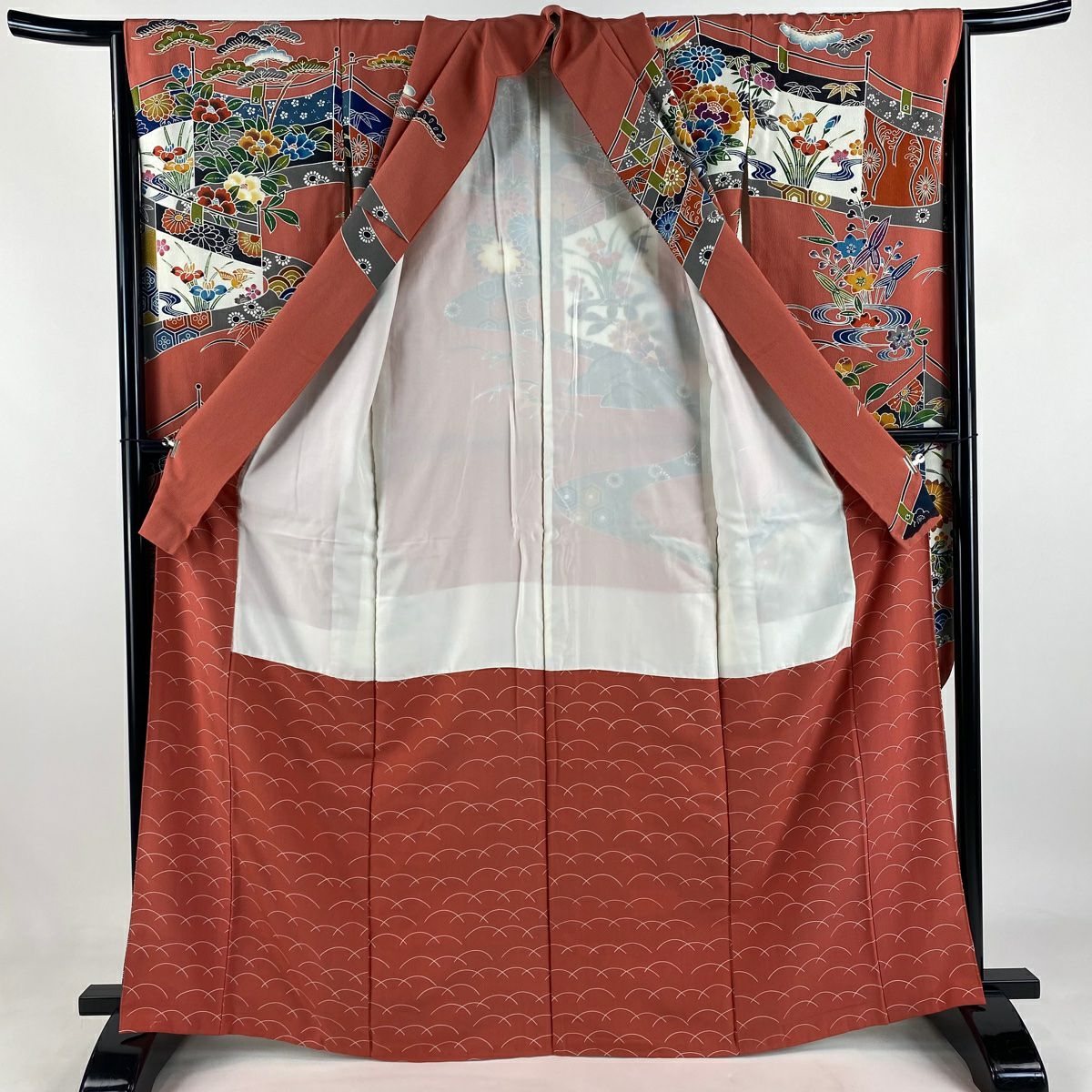 振袖禮服 身長166cm 袖長66.5cm M 雙層 幔幕 花鳥 絞染 鮭粉色 純蠶絲 名品級
