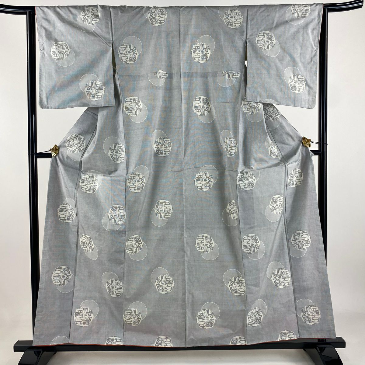 【庫存清倉】 大島紬織 身長158.5cm 袖長63cm S 雙層 鈕扣領 證書齊全 文字紋 圓紋 灰 純蠶絲 名品級