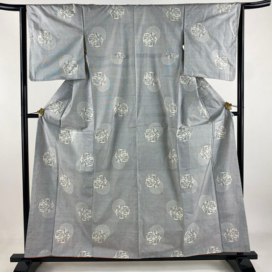 【庫存清倉】 大島紬織 身長158.5cm 袖長63cm S 雙層 鈕扣領 證書齊全 文字紋 圓紋 灰 純蠶絲 名品級