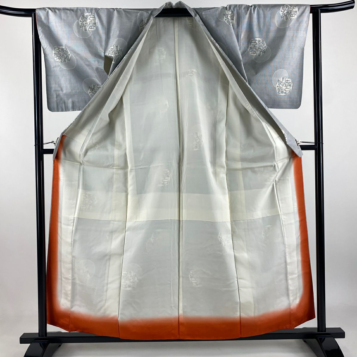 【庫存清倉】 大島紬織 身長158.5cm 袖長63cm S 雙層 鈕扣領 證書齊全 文字紋 圓紋 灰 純蠶絲 名品級