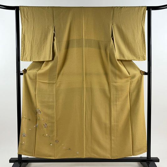 【美品】 付下 身長154.5cm 袖長62cm S 雙層 花丸紋 芝 刺繡 金絲 淺黃土色 純蠶絲 優品級