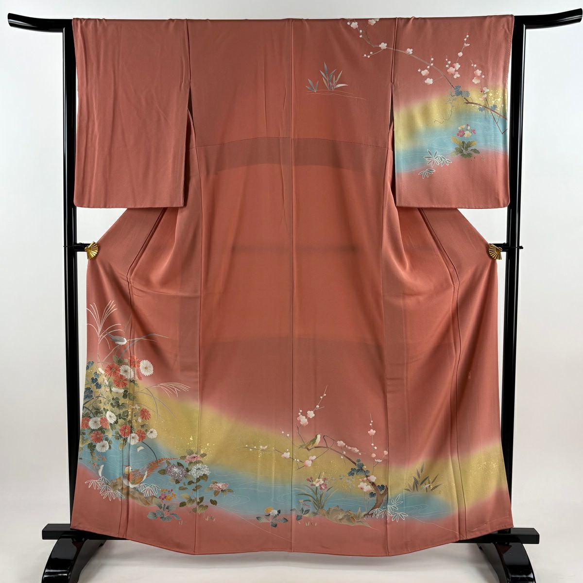 訪問服 身長161cm 袖長63.5cm S 雙層 落款 菊花 鳥 金銀彩 漸層 粉米色 純蠶絲 優品級