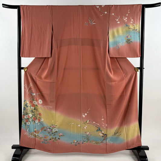 訪問服 身長161cm 袖長63.5cm S 雙層 落款 菊花 鳥 金銀彩 漸層 粉米色 純蠶絲 優品級