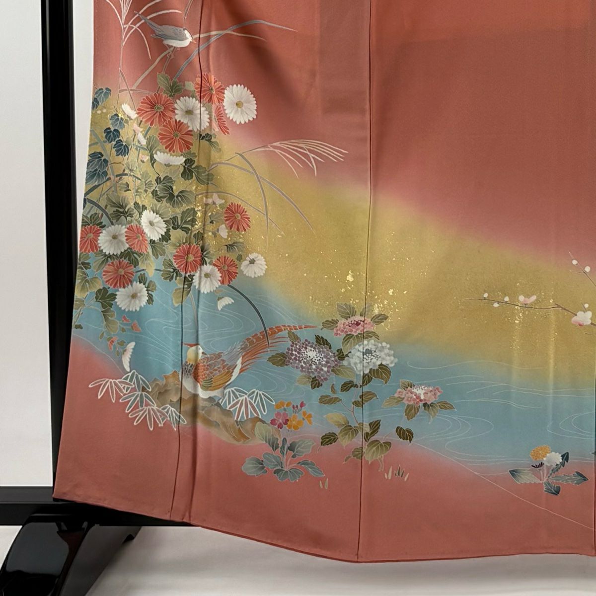 訪問服 身長161cm 袖長63.5cm S 雙層 落款 菊花 鳥 金銀彩 漸層 粉米色 純蠶絲 優品級