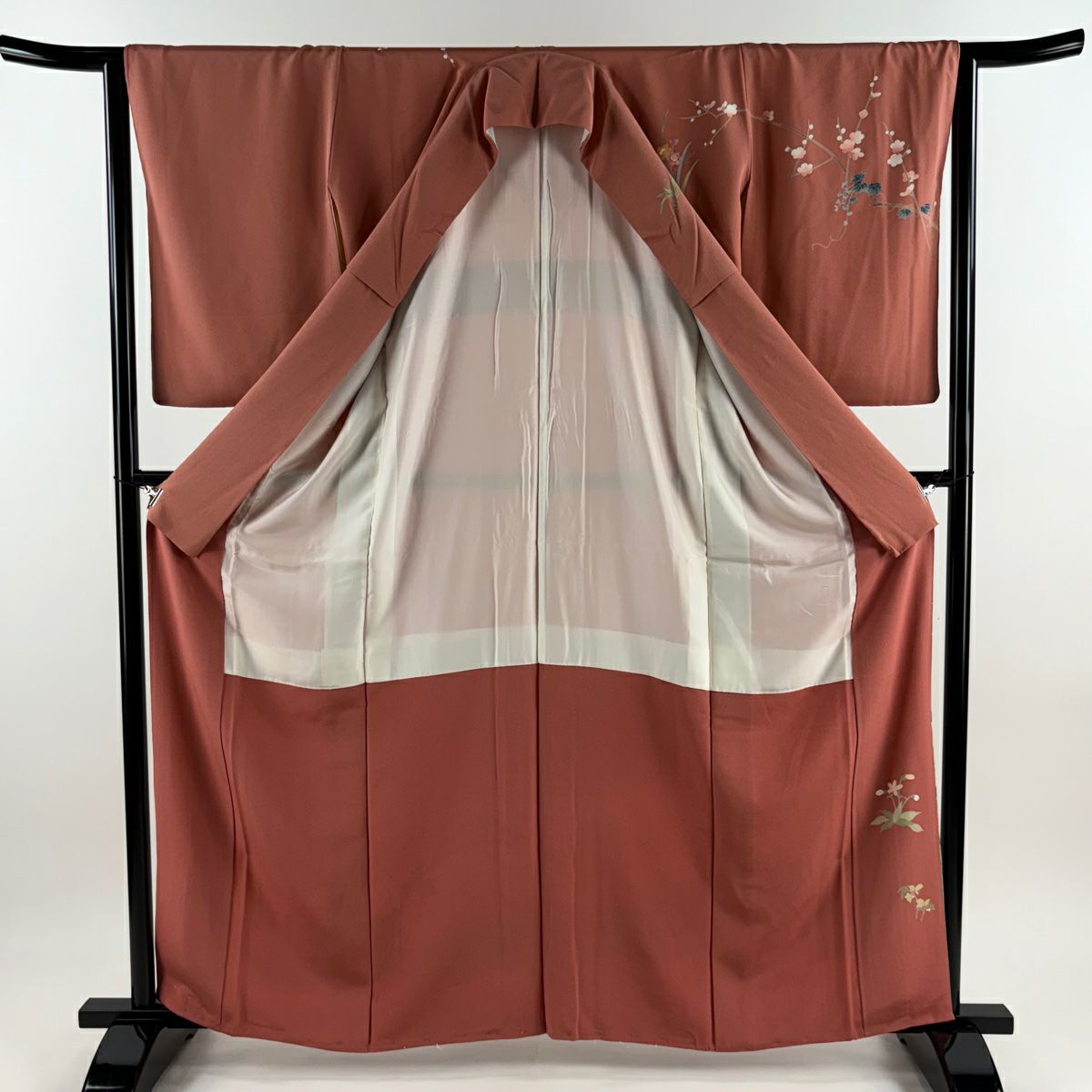 訪問服 身長161cm 袖長63.5cm S 雙層 落款 菊花 鳥 金銀彩 漸層 粉米色 純蠶絲 優品級