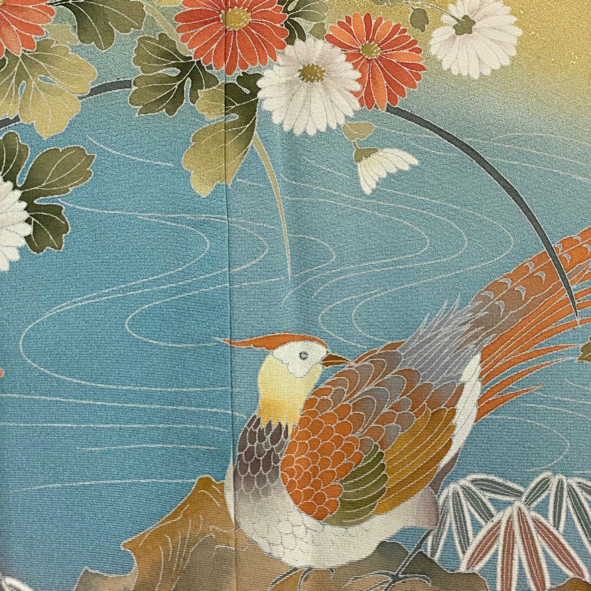 訪問服 身長161cm 袖長63.5cm S 雙層 落款 菊花 鳥 金銀彩 漸層 粉米色 純蠶絲 優品級