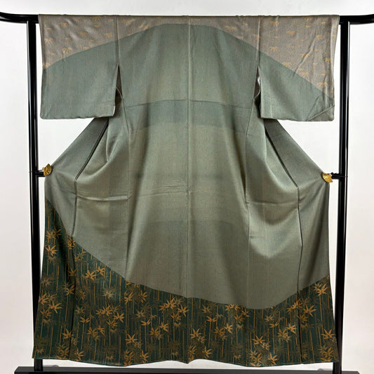 訪問服 身長152.5cm 袖長62cm S 雙層 笹 竹子 金銀彩 灰綠 純蠶絲 秀品級