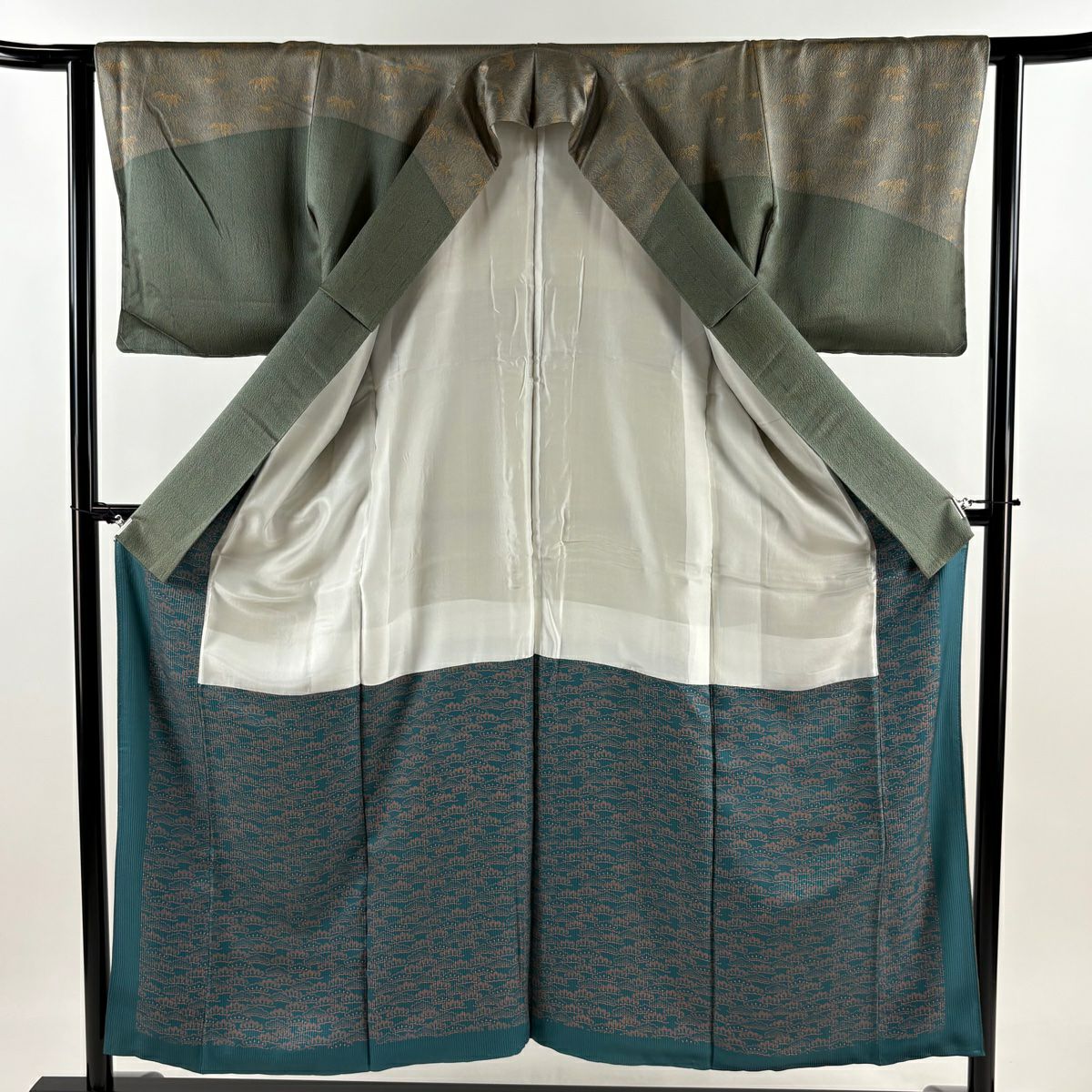 訪問服 身長152.5cm 袖長62cm S 雙層 笹 竹子 金銀彩 灰綠 純蠶絲 秀品級