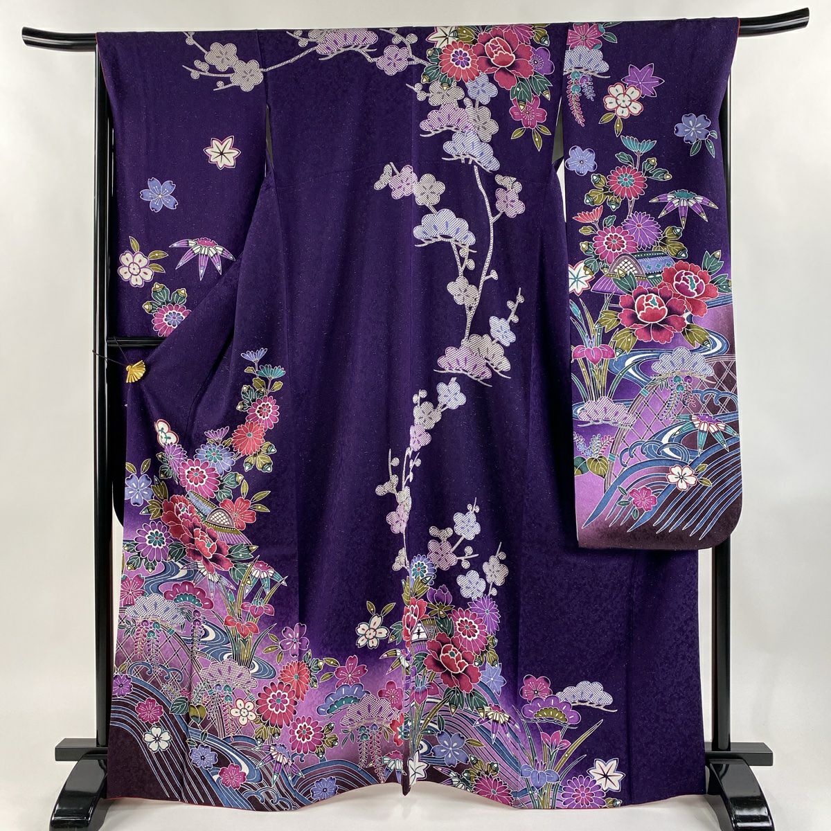 【美品】振袖禮服 身長167cm 袖長66.5cm M 雙層 鈴乃屋 草花紋紋 流水 金銀彩 漸層 紫 純蠶絲 逸品級