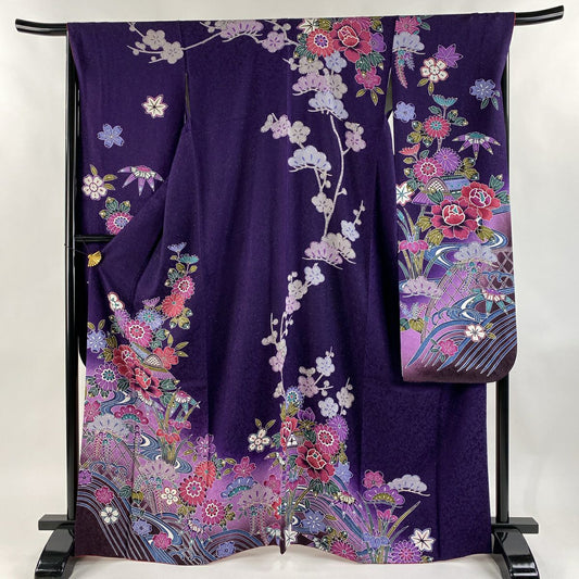 【美品】振袖禮服 身長167cm 袖長66.5cm M 雙層 鈴乃屋 草花紋紋 流水 金銀彩 漸層 紫 純蠶絲 逸品級