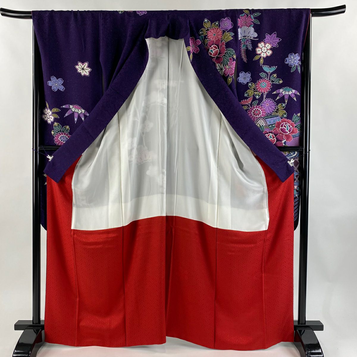 【美品】振袖禮服 身長167cm 袖長66.5cm M 雙層 鈴乃屋 草花紋紋 流水 金銀彩 漸層 紫 純蠶絲 逸品級