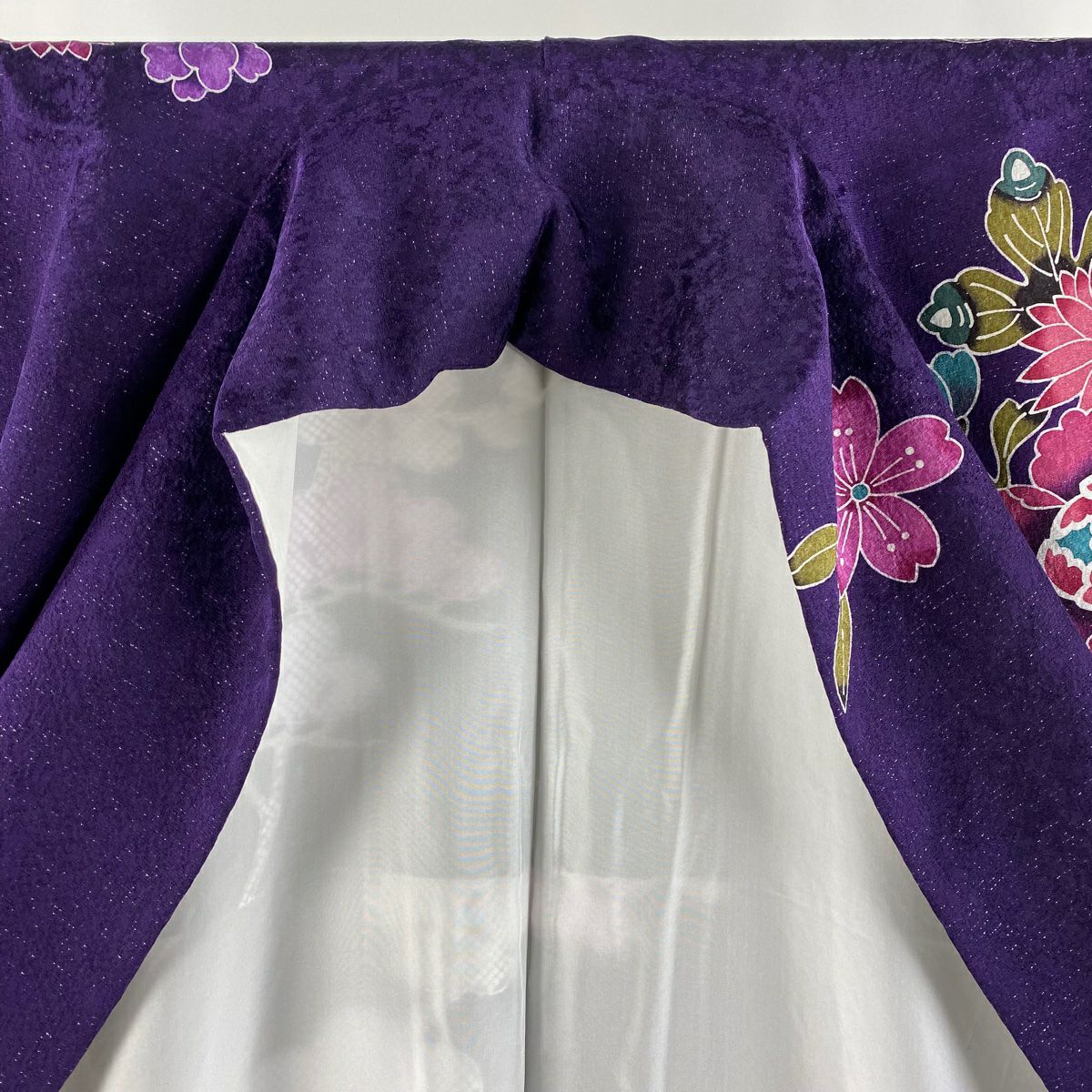 【美品】振袖禮服 身長167cm 袖長66.5cm M 雙層 鈴乃屋 草花紋紋 流水 金銀彩 漸層 紫 純蠶絲 逸品級