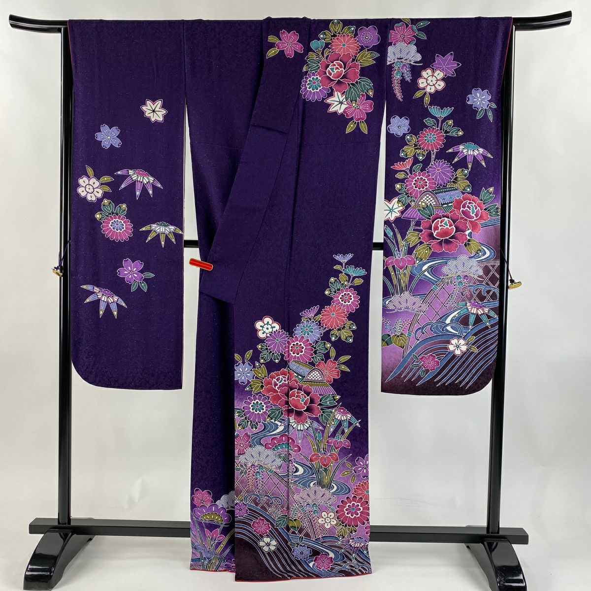 【美品】振袖禮服 身長167cm 袖長66.5cm M 雙層 鈴乃屋 草花紋紋 流水 金銀彩 漸層 紫 純蠶絲 逸品級