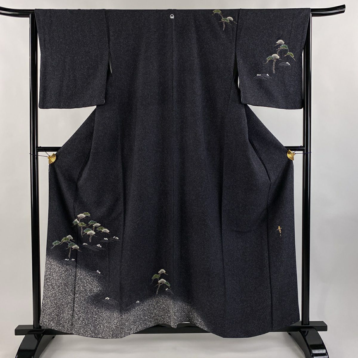 訪問服 身長159.5cm 袖長64.5cm M 雙層 松樹井青青 落款あり 松樹 波頭 金銀彩 漸層 黑灰 純蠶絲 逸品級 一つ紋