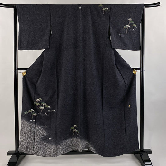 訪問服 身長159.5cm 袖長64.5cm M 雙層 松樹井青青 落款あり 松樹 波頭 金銀彩 漸層 黑灰 純蠶絲 逸品級 一つ紋