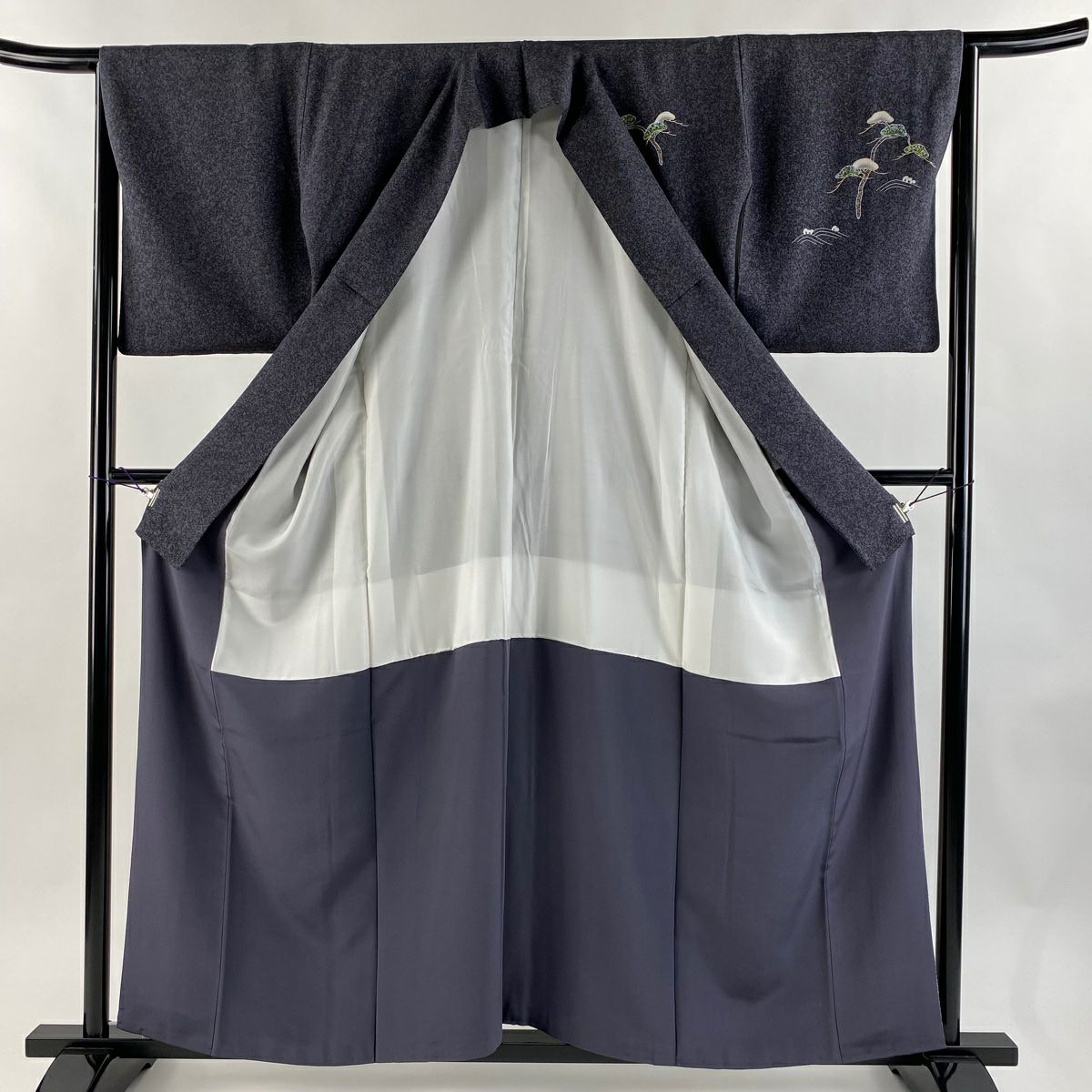 訪問服 身長159.5cm 袖長64.5cm M 雙層 松樹井青青 落款あり 松樹 波頭 金銀彩 漸層 黑灰 純蠶絲 逸品級 一つ紋