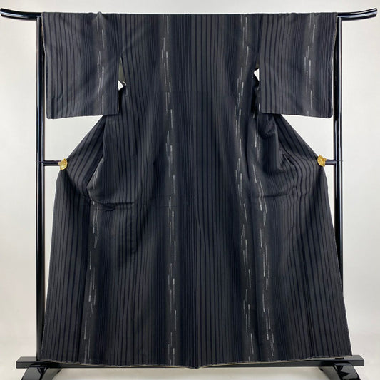【美品】 結城紬織 身長158.5cm 袖長65cm M 雙層 はたおり娘 證書あり 縦縞模樣 絣紋 黑灰 純蠶絲 逸品級