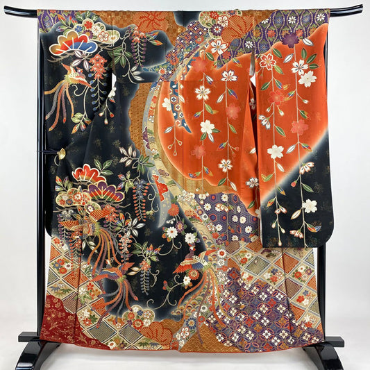 振袖禮服 身長162cm 袖長67cm M 雙層 鳳凰 笠松樹 金通 金絲 黑 純蠶絲 逸品級