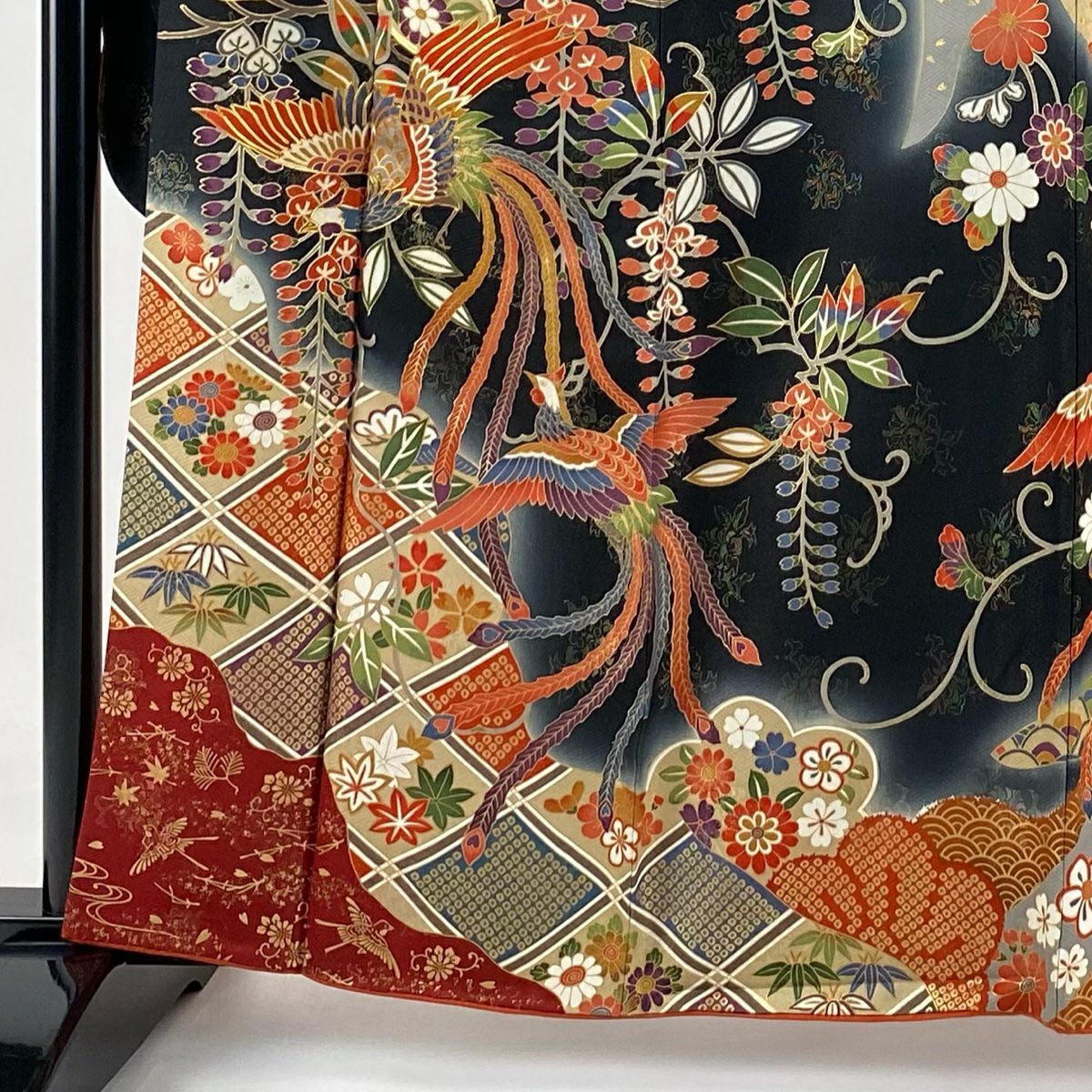 振袖禮服 身長162cm 袖長67cm M 雙層 鳳凰 笠松樹 金通 金絲 黑 純蠶絲 逸品級