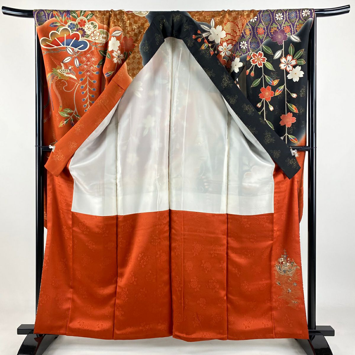 振袖禮服 身長162cm 袖長67cm M 雙層 鳳凰 笠松樹 金通 金絲 黑 純蠶絲 逸品級
