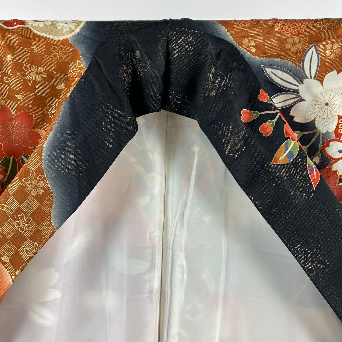 振袖禮服 身長162cm 袖長67cm M 雙層 鳳凰 笠松樹 金通 金絲 黑 純蠶絲 逸品級