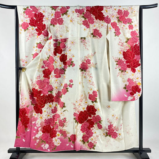 振袖禮服 身長156cm 袖長63cm S 雙層 薔薇 草花紋紋 金銀彩 金糸 奶油色 純蠶絲 逸品級